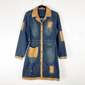 FUBU The Collection Patchwork Leather Trim Distressed Denim Coat, Size Small